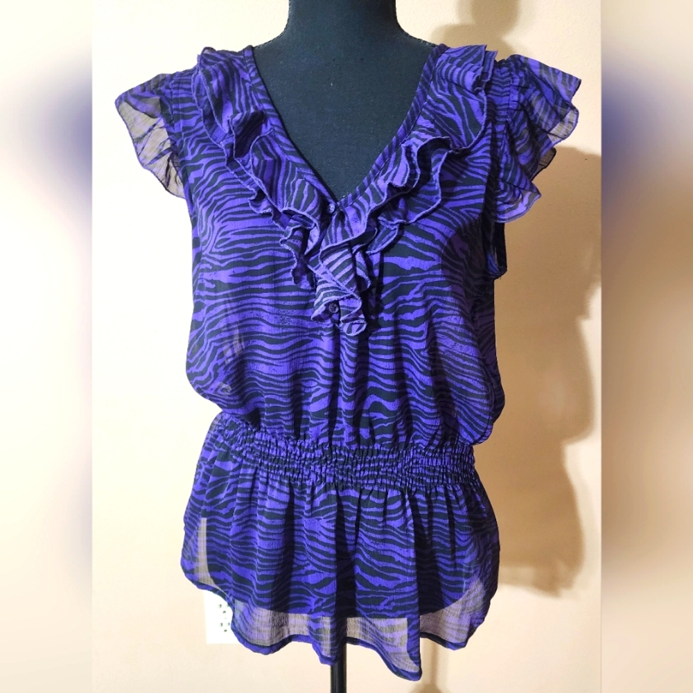 Vtg Miley Cyrus Sheer Blouse Top Sz Large Black and Purple Zebra Print w/Ruffle